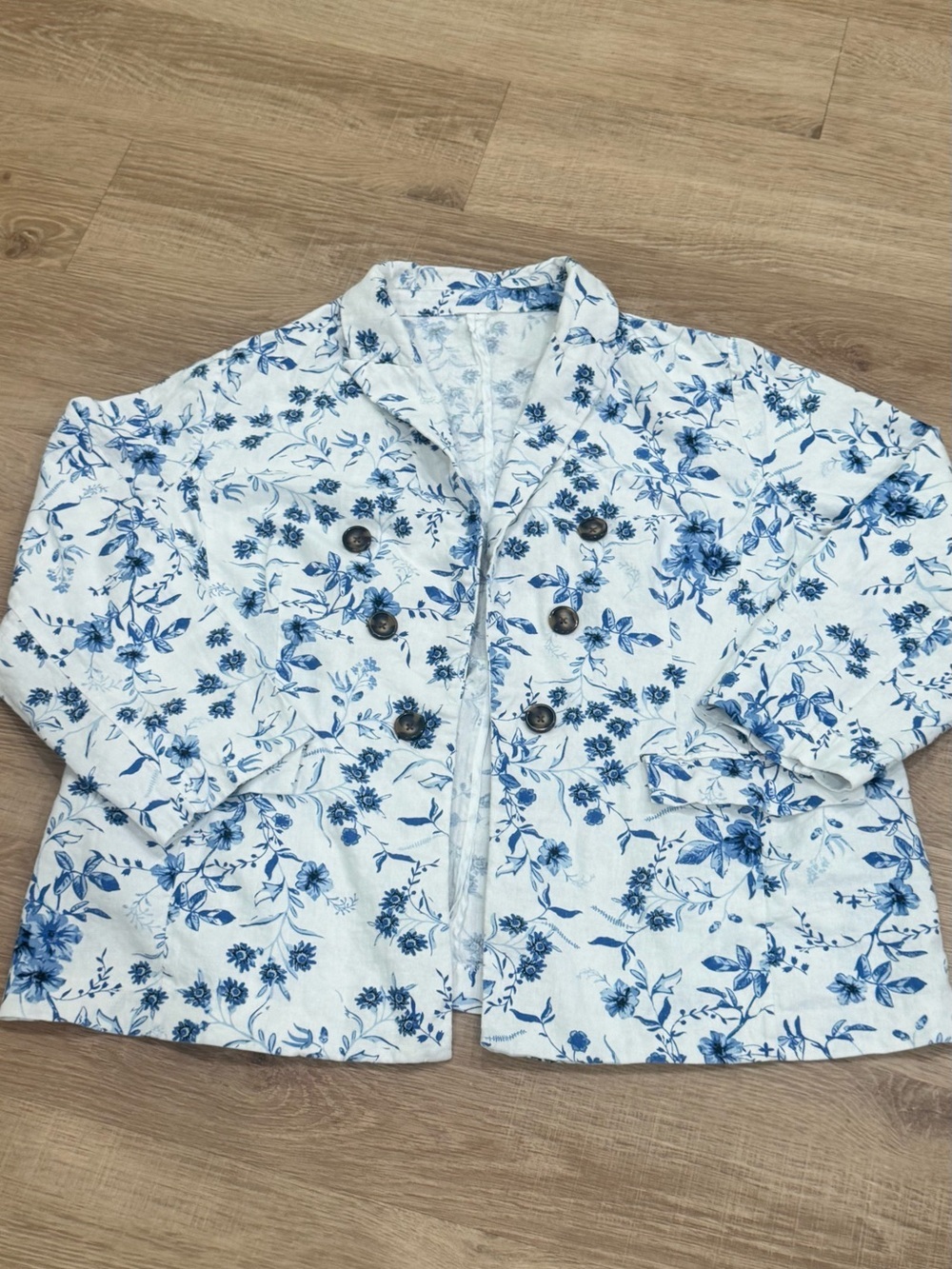 Blue White Floral Linen Blend Double Breasted Blazer Jacket Cottagecore
